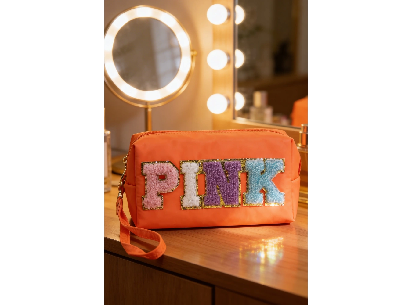 Turuncu Renk Pink Yazılı Makyaj Çantası