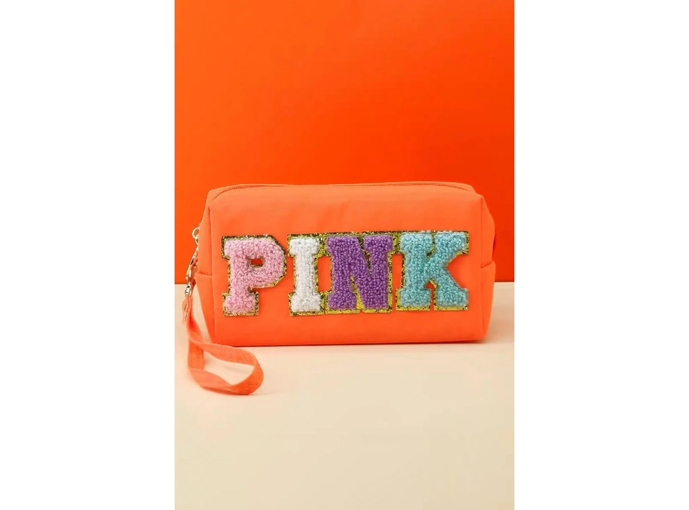 Turuncu Renk Pink Yazılı Makyaj Çantası