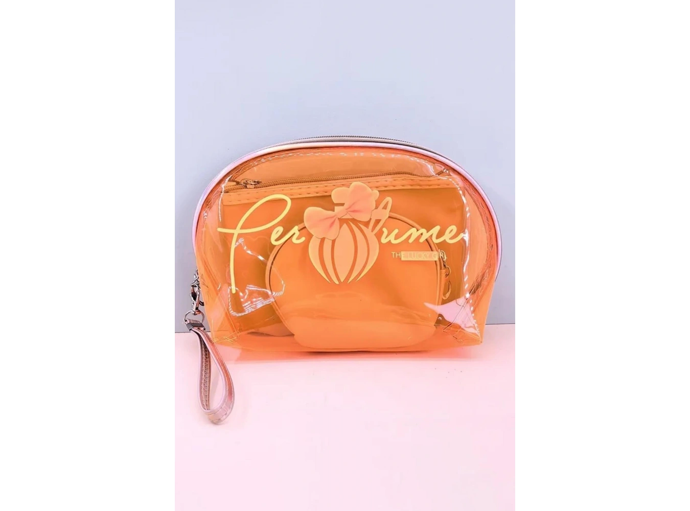 Turuncu Renk Şeffaf 3lü Makyaj Çantası