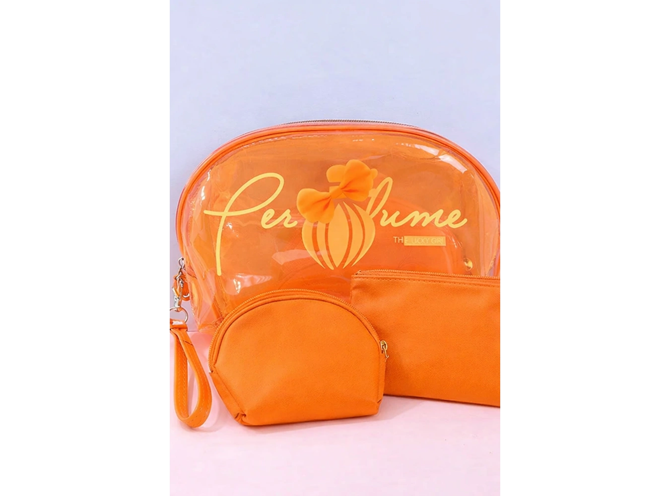 Turuncu Renk Şeffaf 3lü Makyaj Çantası