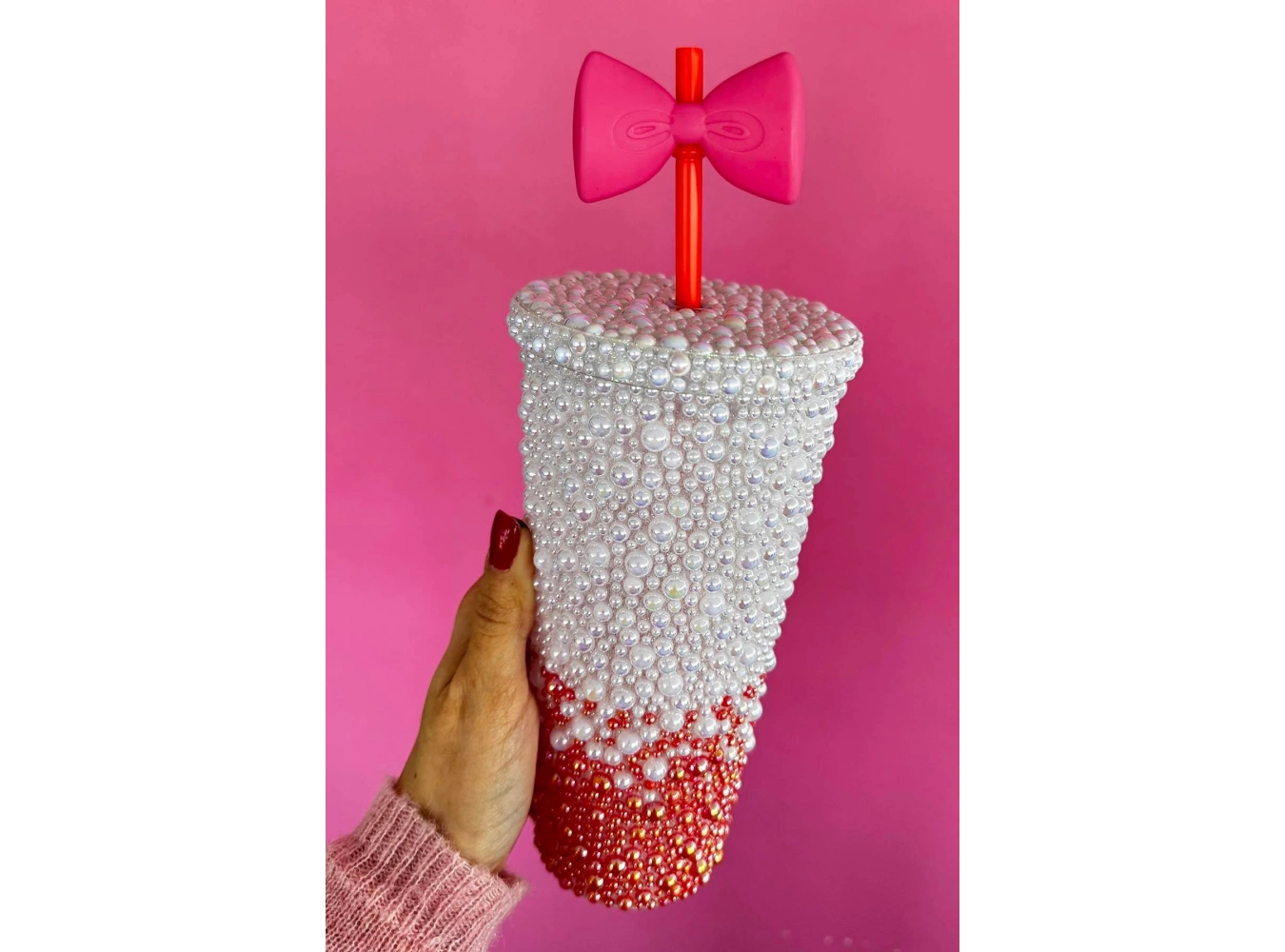 Turuncu Ve Beyaz Renk İnci Detaylı Pipetli Suluk