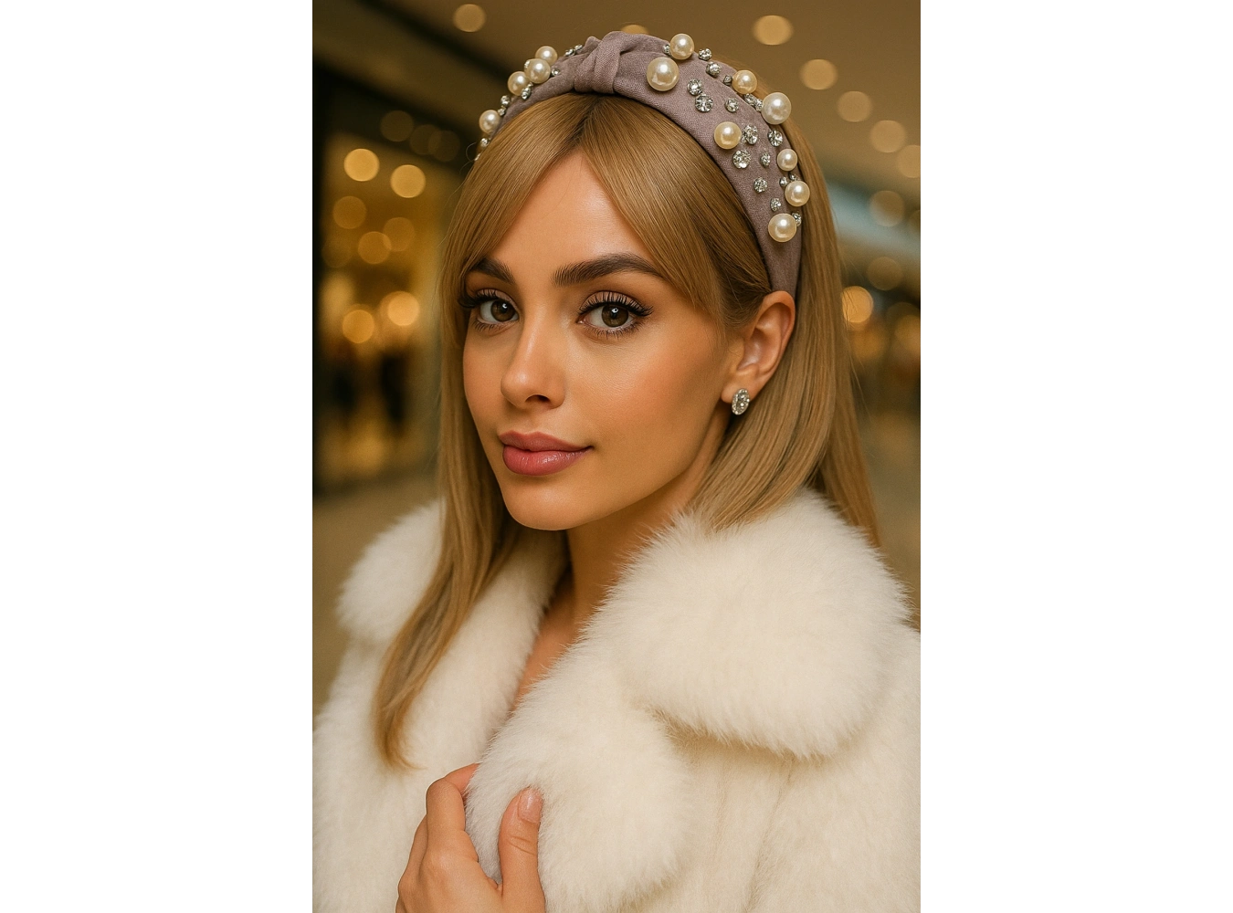 Vizon Renk İnci Detaylı Taşlı Taç