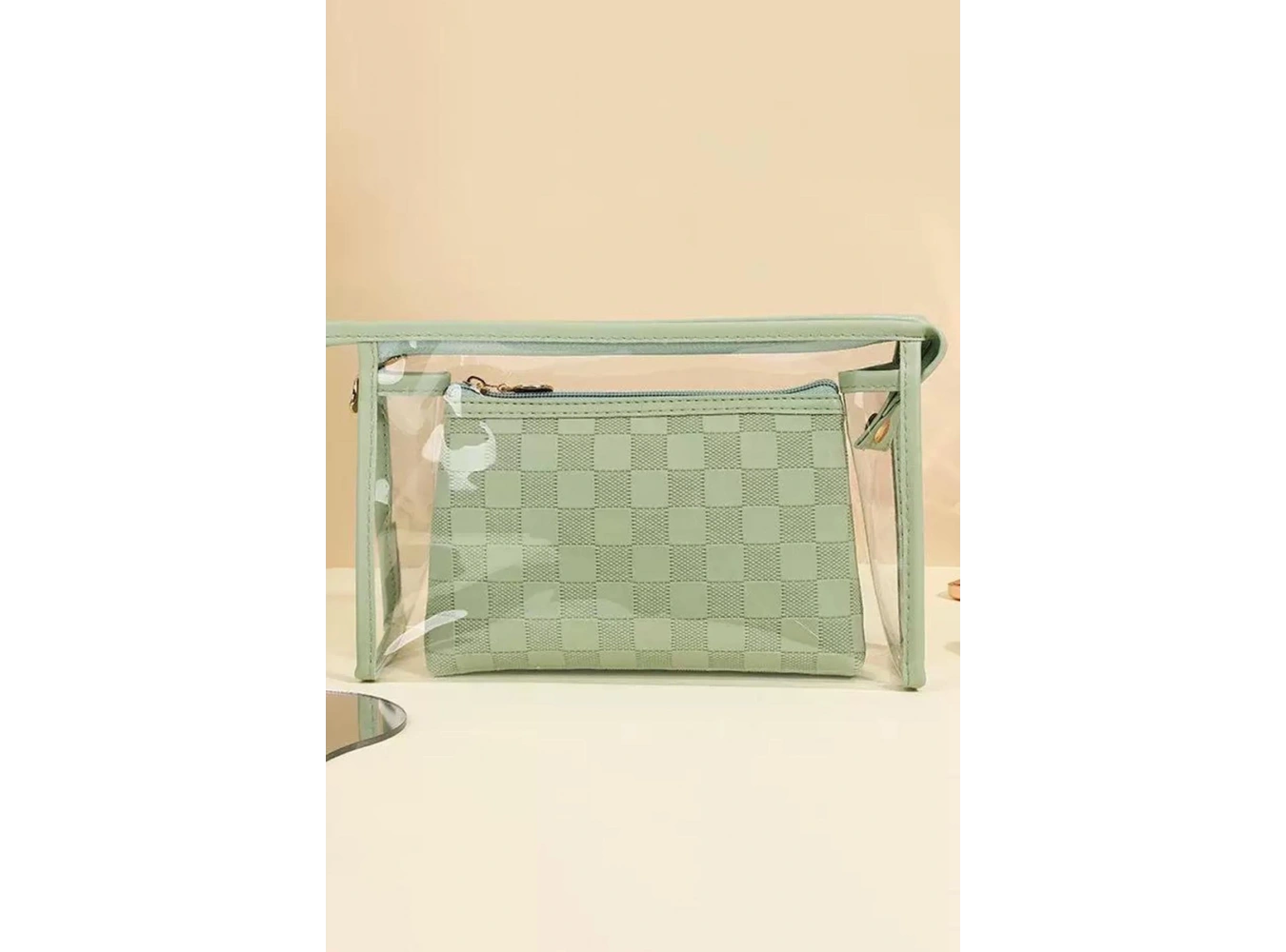 Yeşil Renk 2li Şeffaf Makyaj Çantası