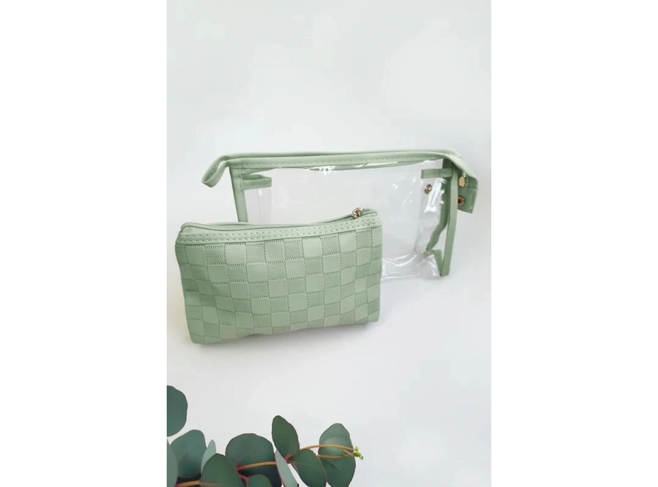 Yeşil Renk 2li Şeffaf Makyaj Çantası