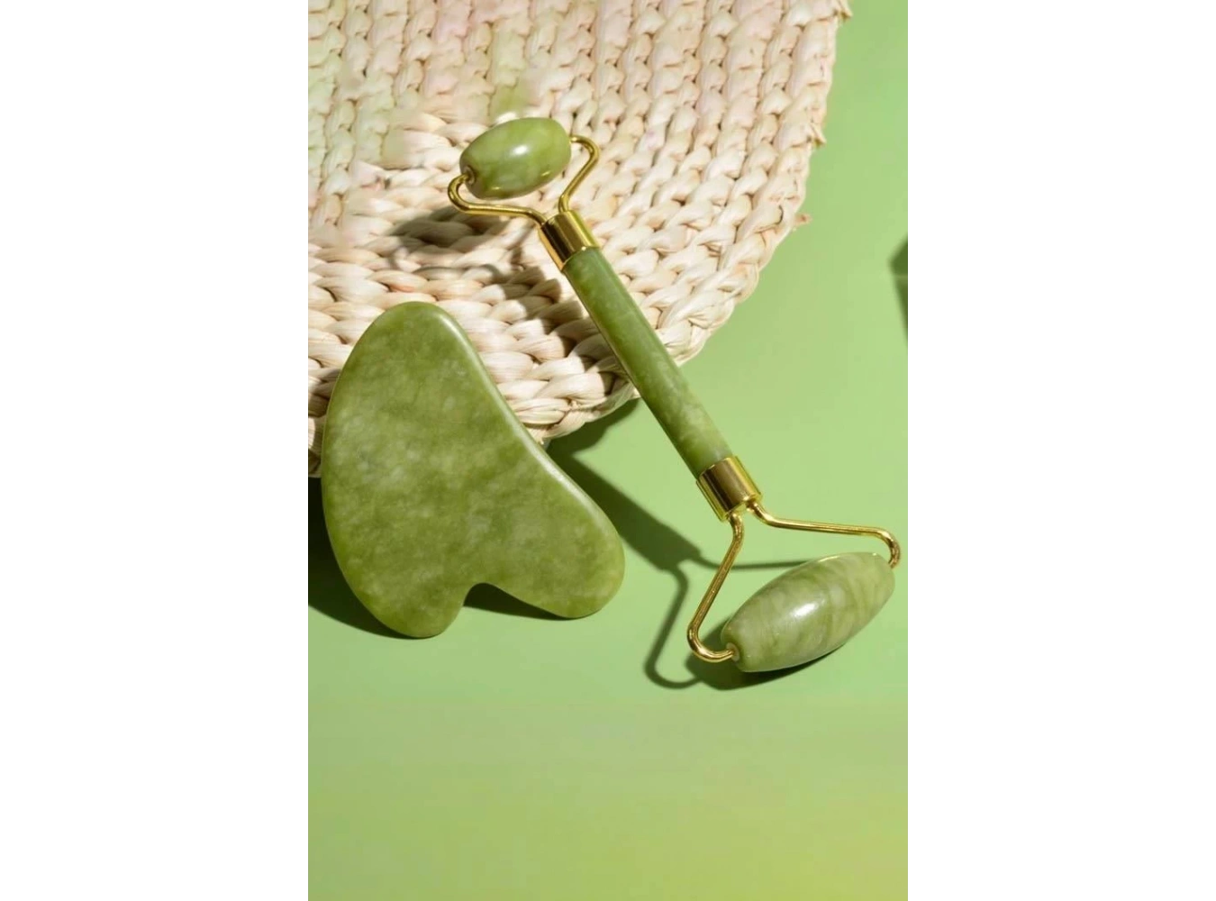 Yeşil Renk Doğal Taş Gua Sha ve Roller Yüz Masaj Taşı Seti