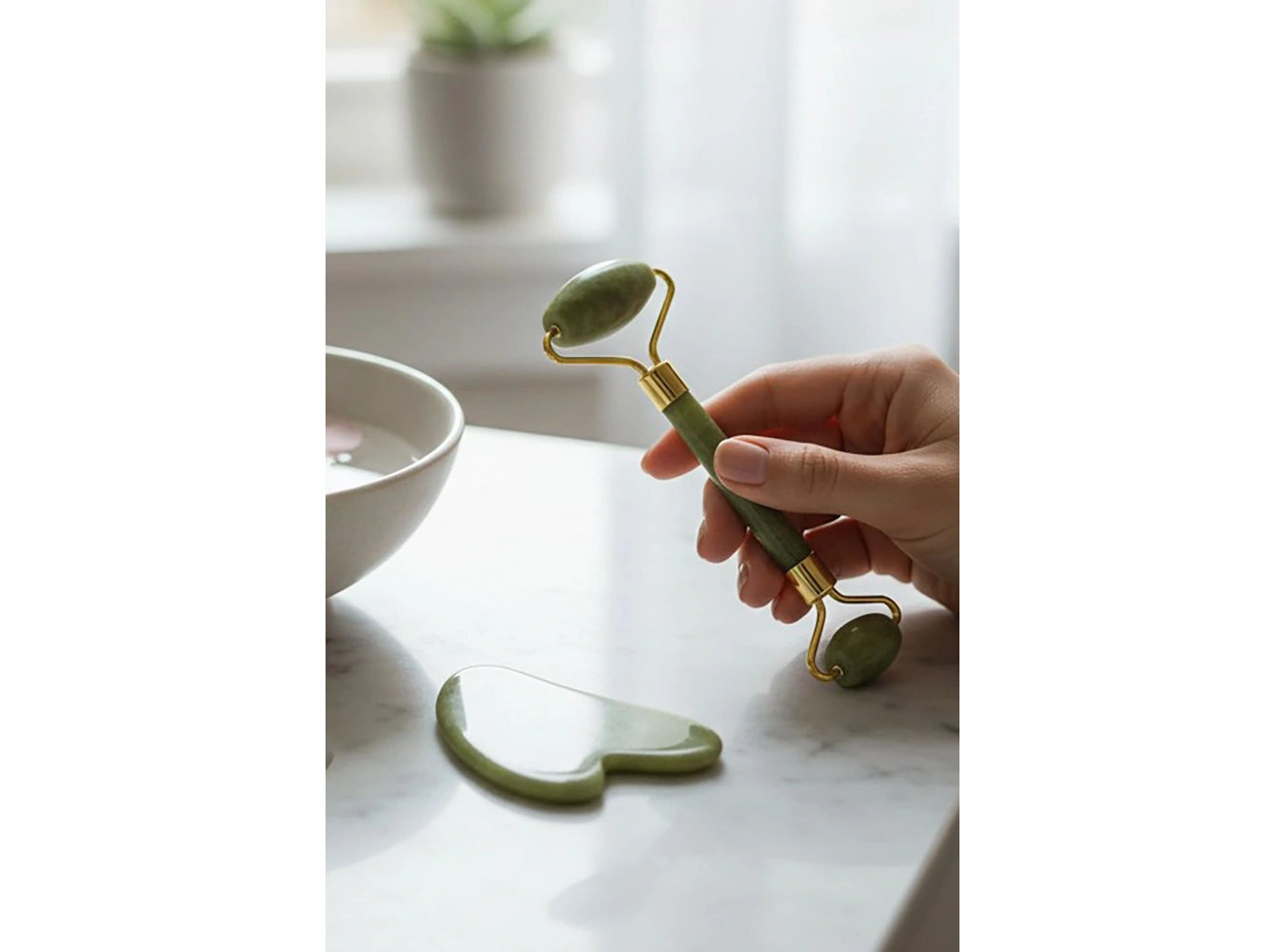 Yeşil Renk Doğal Taş Gua Sha ve Roller Yüz Masaj Taşı Seti