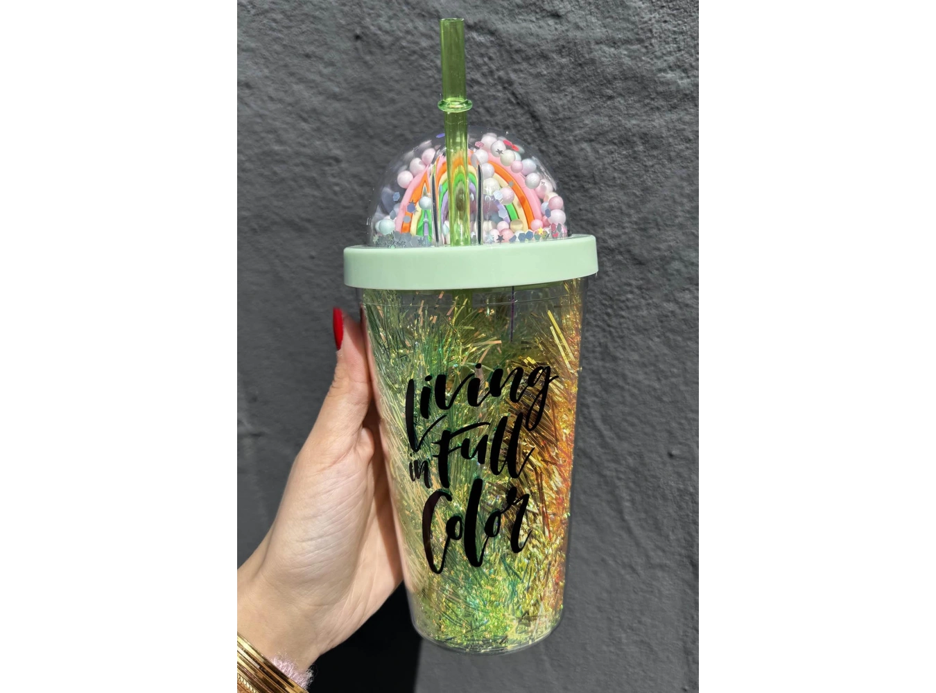 Yeşil Renk Gökkuşağı Figürlü Pipetli Işıklı Suluk