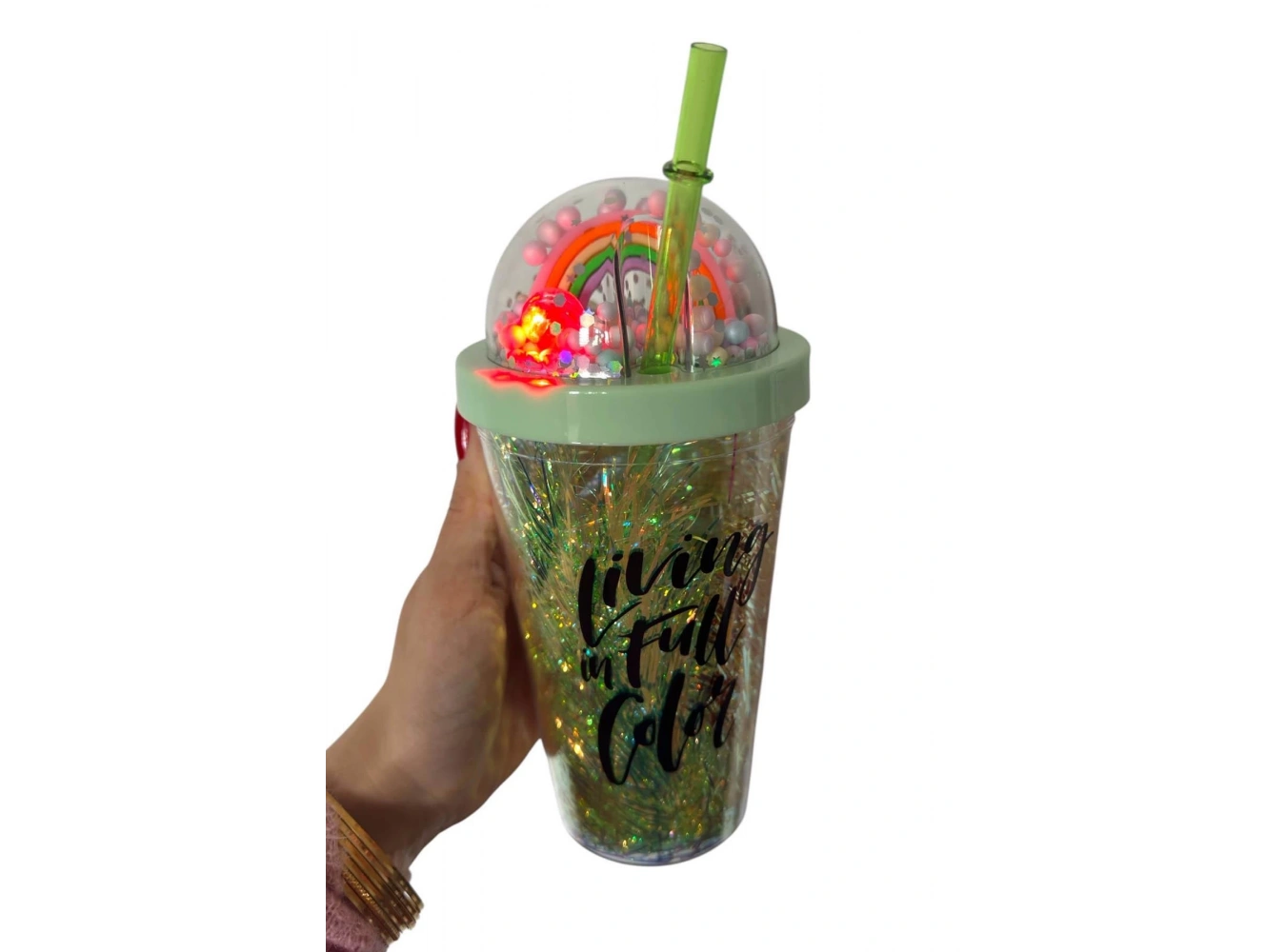 Yeşil Renk Gökkuşağı Figürlü Pipetli Işıklı Suluk