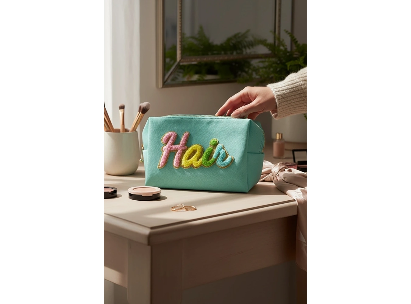 Yeşil Renk Hair Yazılı Makyaj Çantası