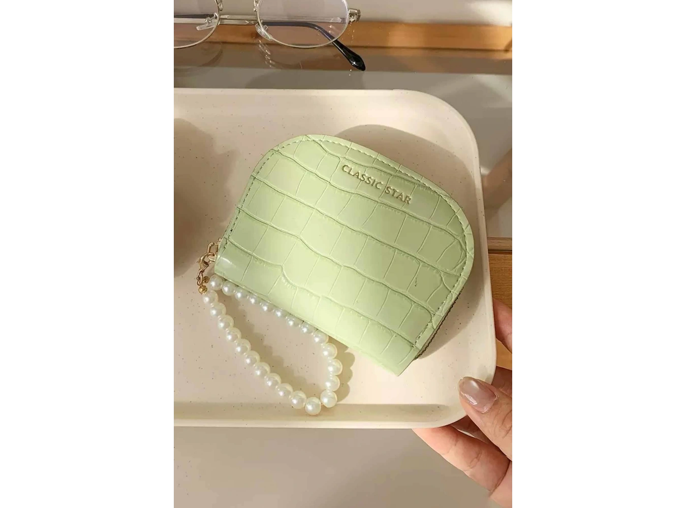 Yeşil Renk İnci Detaylı Deri Kadın Cüzdan/Kartlık