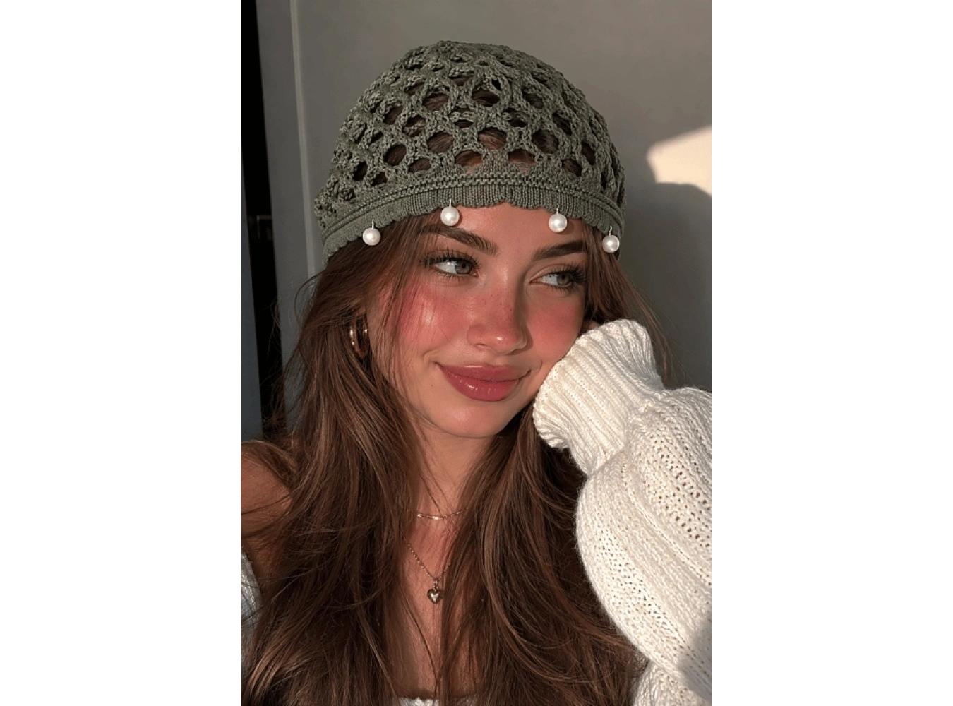 Yeşil Renk İnci Detaylı Örgü Saç Bandana