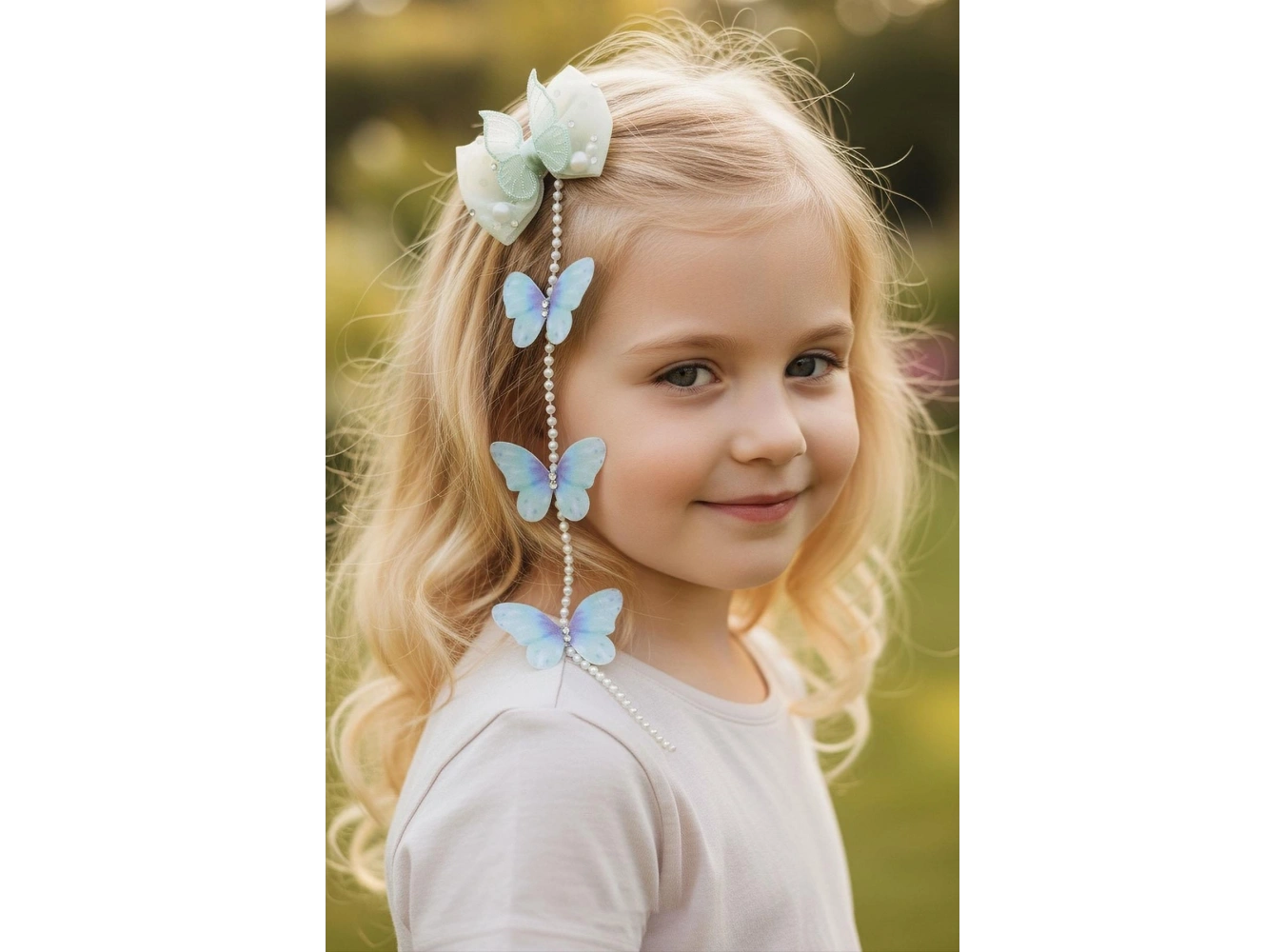 Yeşil Renk Kelebek Figürlü İnci Detaylı Çocuk Yan Toka