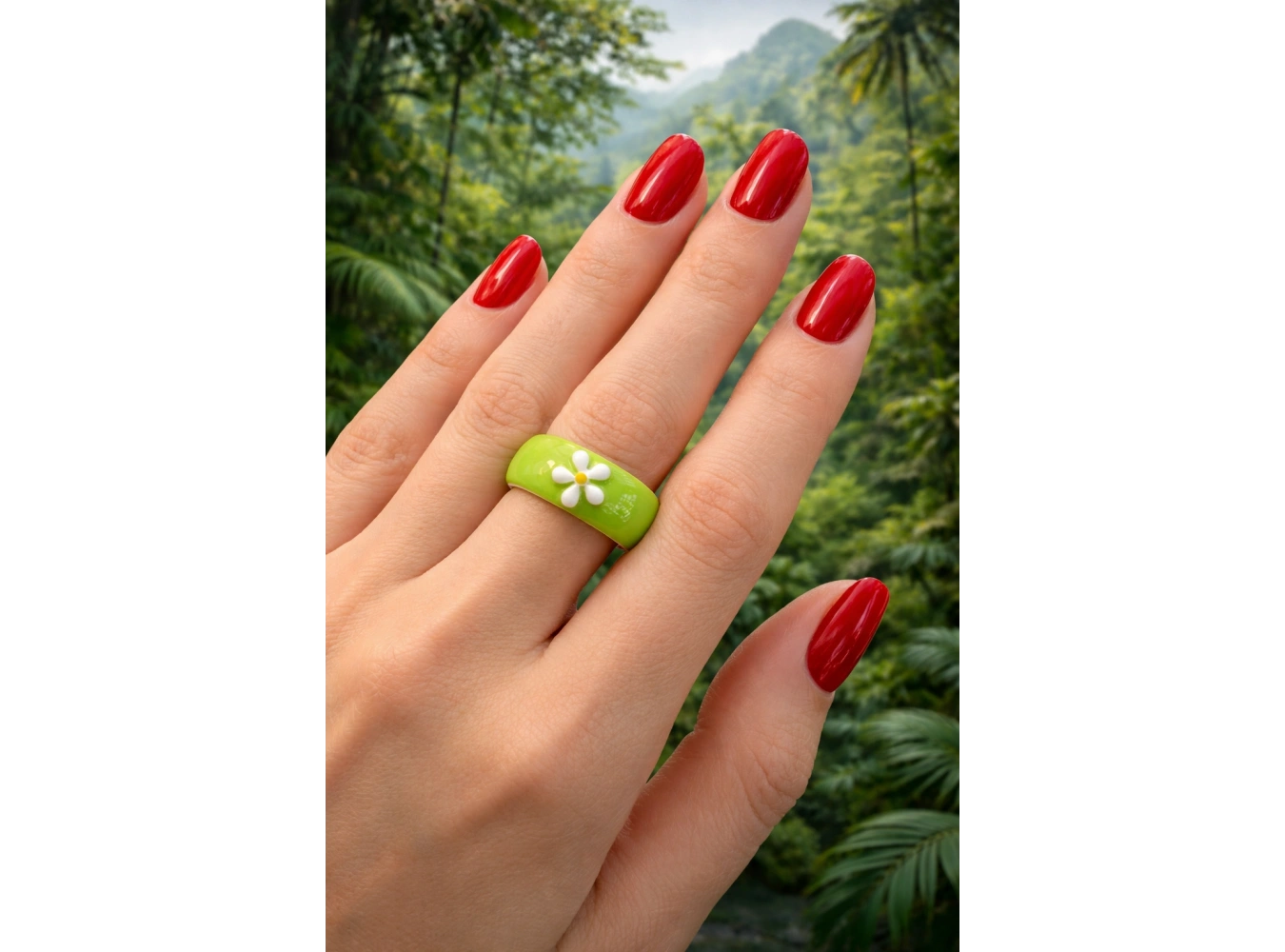 Yeşil Renk Papatya Detaylı Ayarlanabilir Yüzük