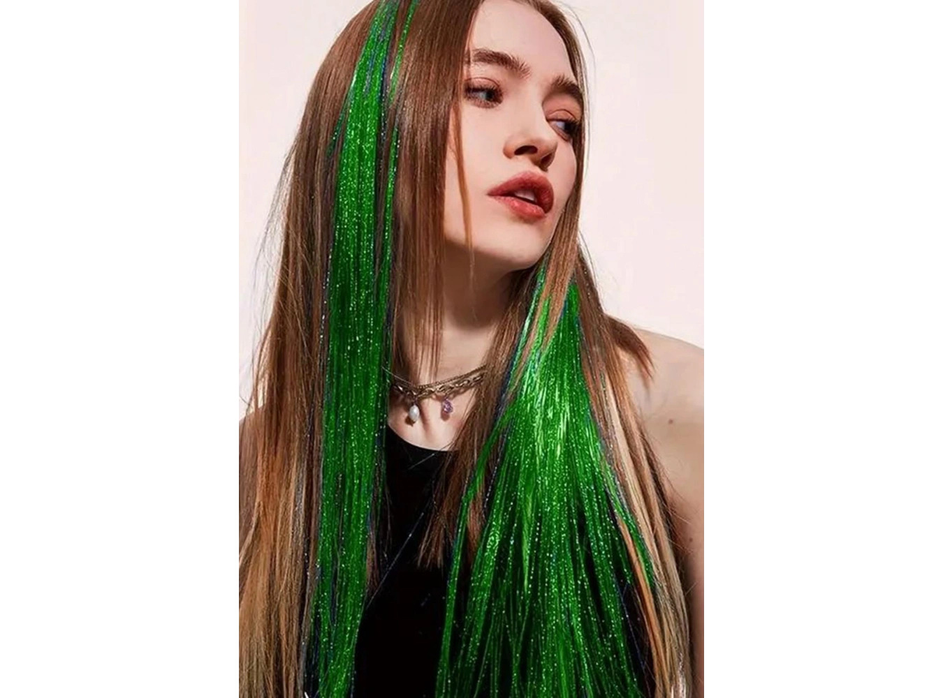 Yeşil Renk Simli Yan Postiş Hair Tinsel Shiny Hair (50 Cm)
