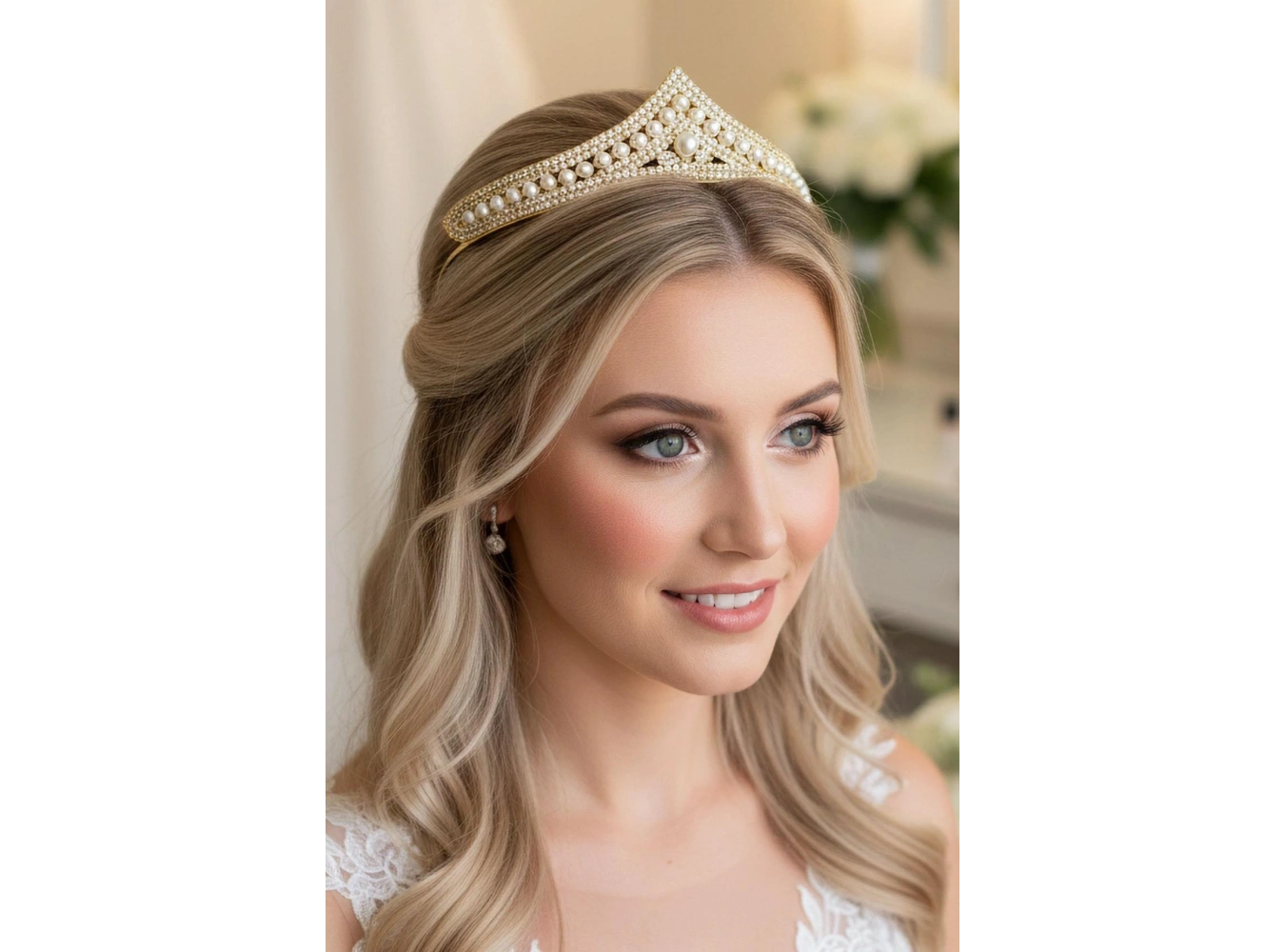 Zirkon Taşlı İnci Detaylı Gelin/Kına/Nişan/Söz Tasarım Taç