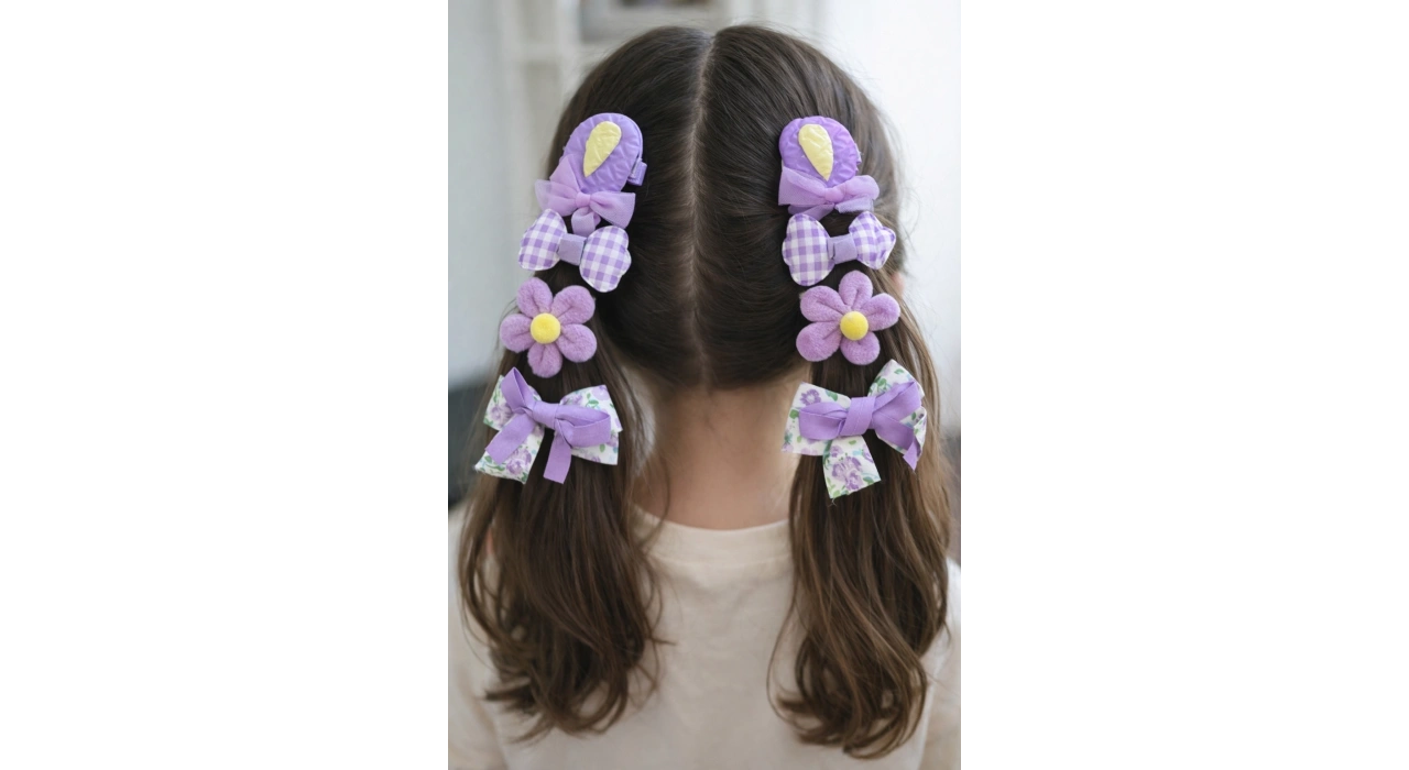 8li Mor Renk Karışık Figürlü Yan Toka Set