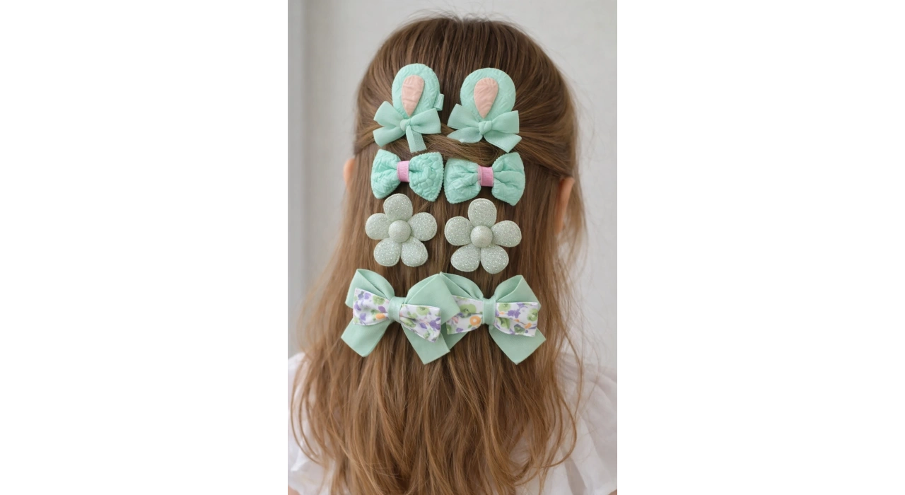 8li Yeşil Karışık Figürlü Yan Toka Set