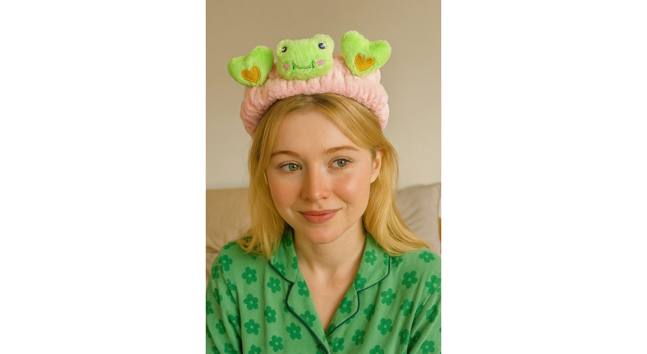 Açık Pembe Ve Yeşil Renk Kurbağa Figürlü Peluş Saç Bandı