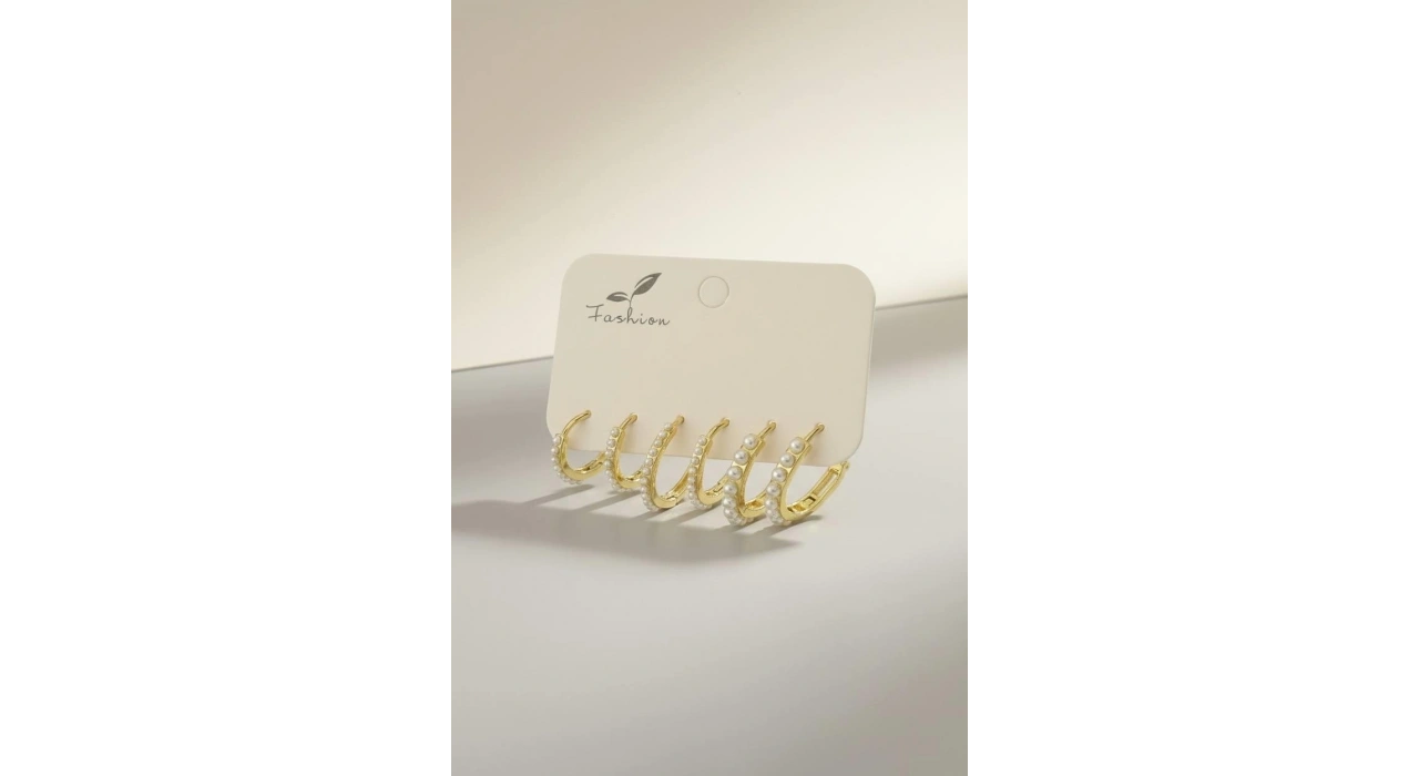 Altın Renk 6lı İnci Detaylı Halka Set Küpe