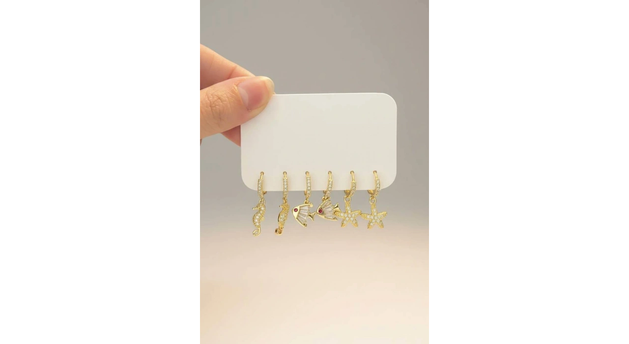 Altın Renk 6lı Karışık Figürlü Set Küpe