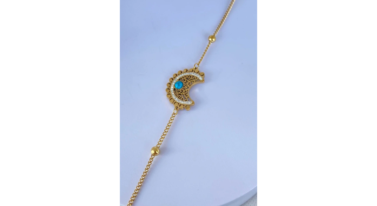 Altın Renk Ay Figürlü Taş Detaylı Çelik Bileklik