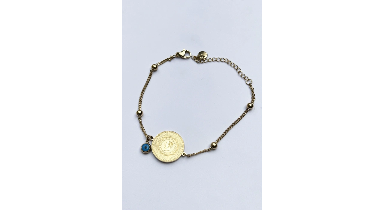 Altın Renk Çeyrek Figürlü Nazar Boncuğu Detaylı Çelik Bileklik