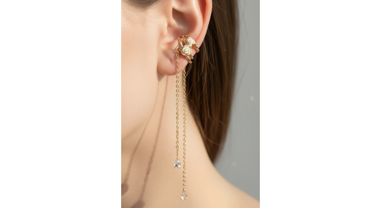 Altın Renk Çiçek Figürlü 14K Altın Kaplama Kulak Aksesuarı (Tek)