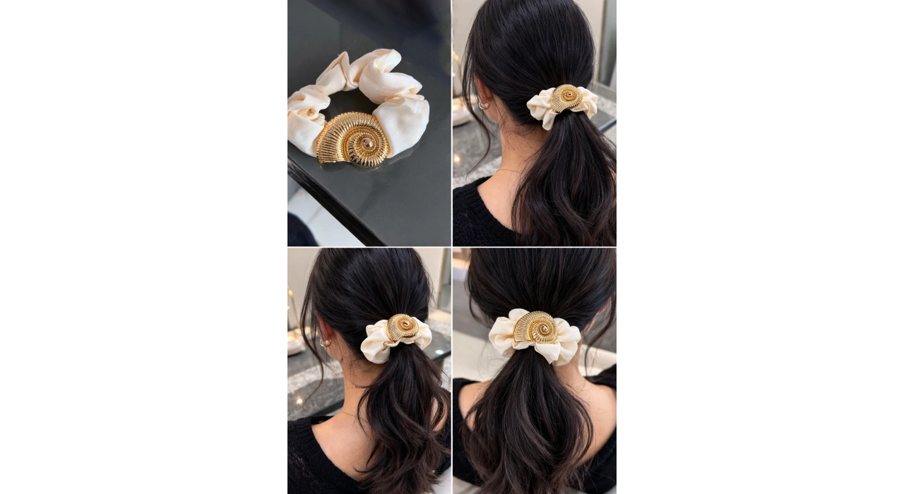 Altın Renk Deniz Kabuğu Detaylı Krem Renk Simit Toka