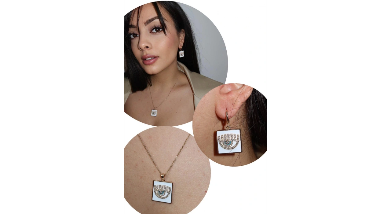 Altın Renk Göz Figürlü YSX Küpe Ve Kolye Set