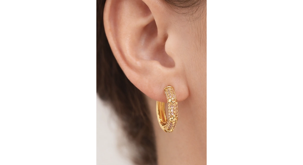 Altın Renk Halka Taş Detaylı 14K Altın Kaplama Tx  Küpe (Çift)