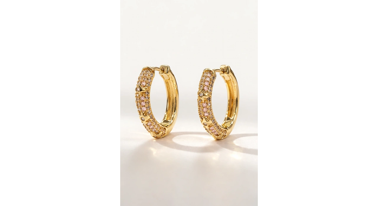 Altın Renk Halka Taş Detaylı 14K Altın Kaplama Tx  Küpe (Çift)