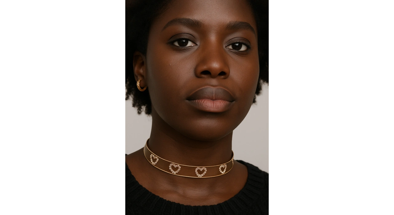 Altın Renk Kalp Figürlü Taş Detaylı Choker Kolye