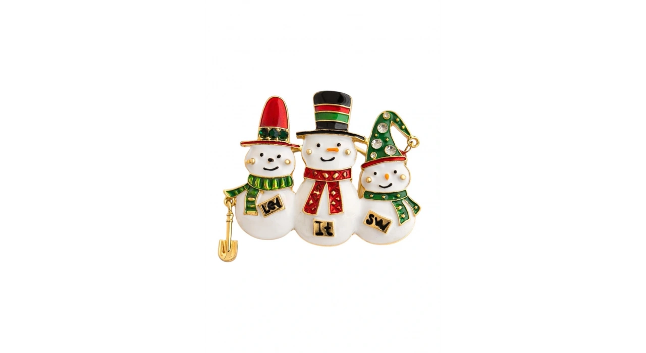 Altın Renk Kardan Adam Figürlü Yılbaşı Temalı Broş