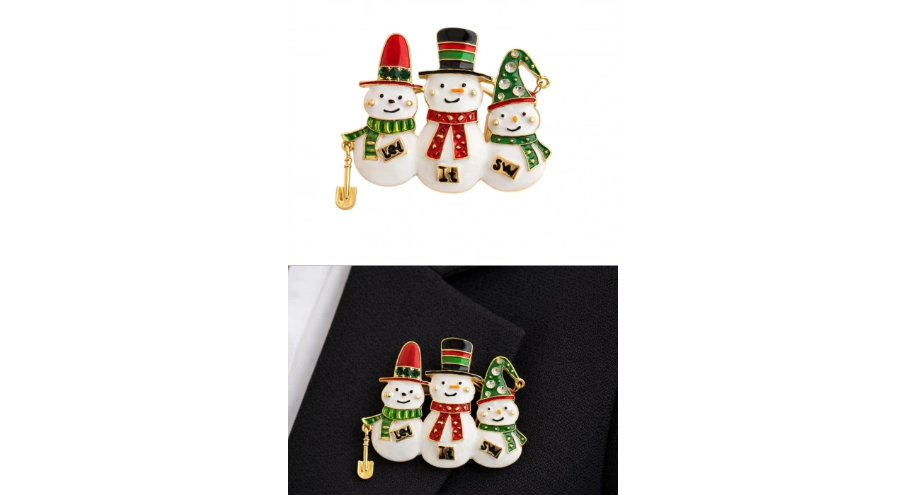 Altın Renk Kardan Adam Figürlü Yılbaşı Temalı Broş