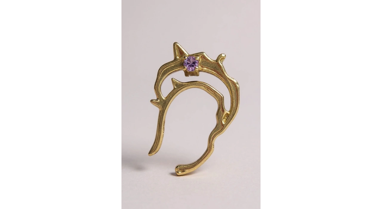 Altın Renk Mor Taş Detaylı 14K Altın Kaplama TX Ear Cuff (Tek)