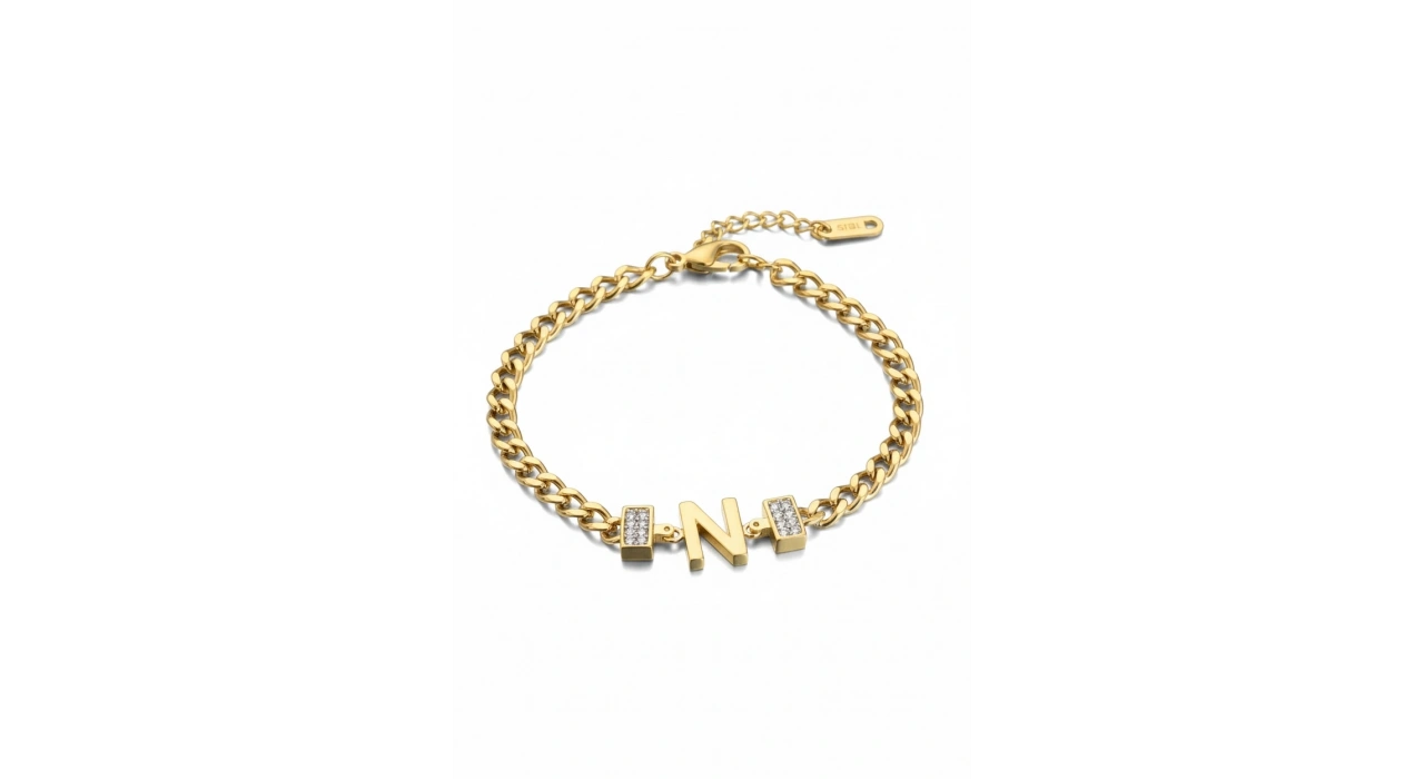 Altın Renk N Harf Çelik Bileklik
