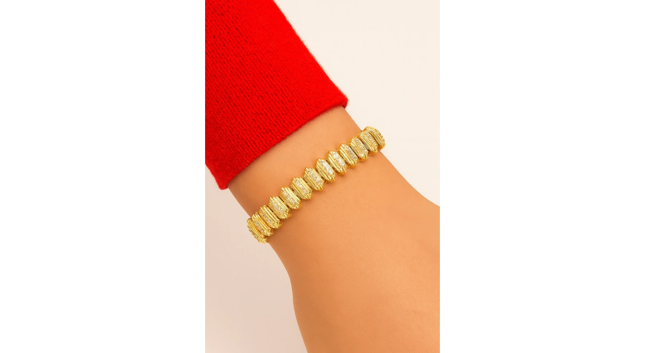 Altın Renk Taş Detaylı 14k Altın Kaplama TX Bileklik