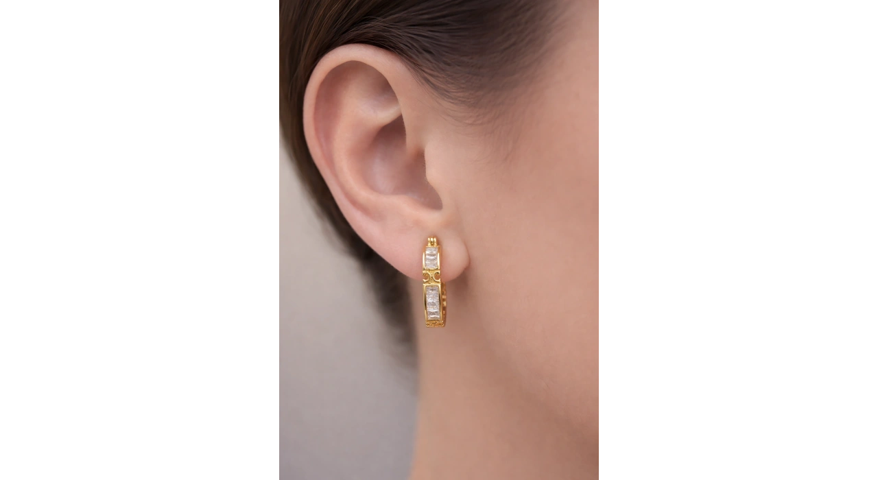 Altın Renk Taş Detaylı 14K Altın Kaplama Tx  Küpe (Çift)