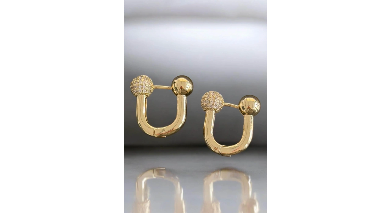 Altın Renk Taş Detaylı 14K Altın Kaplama TX Küpe (Çift)