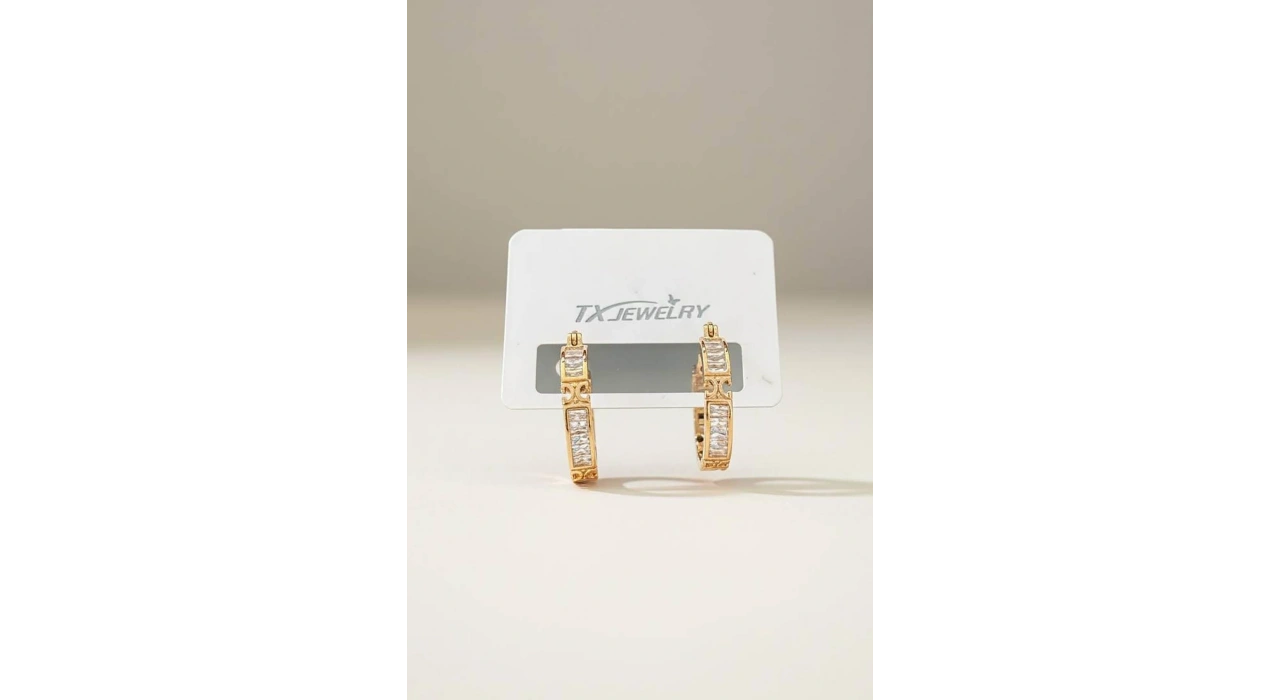 Altın Renk Taş Detaylı 14K Altın Kaplama Tx  Küpe (Çift)