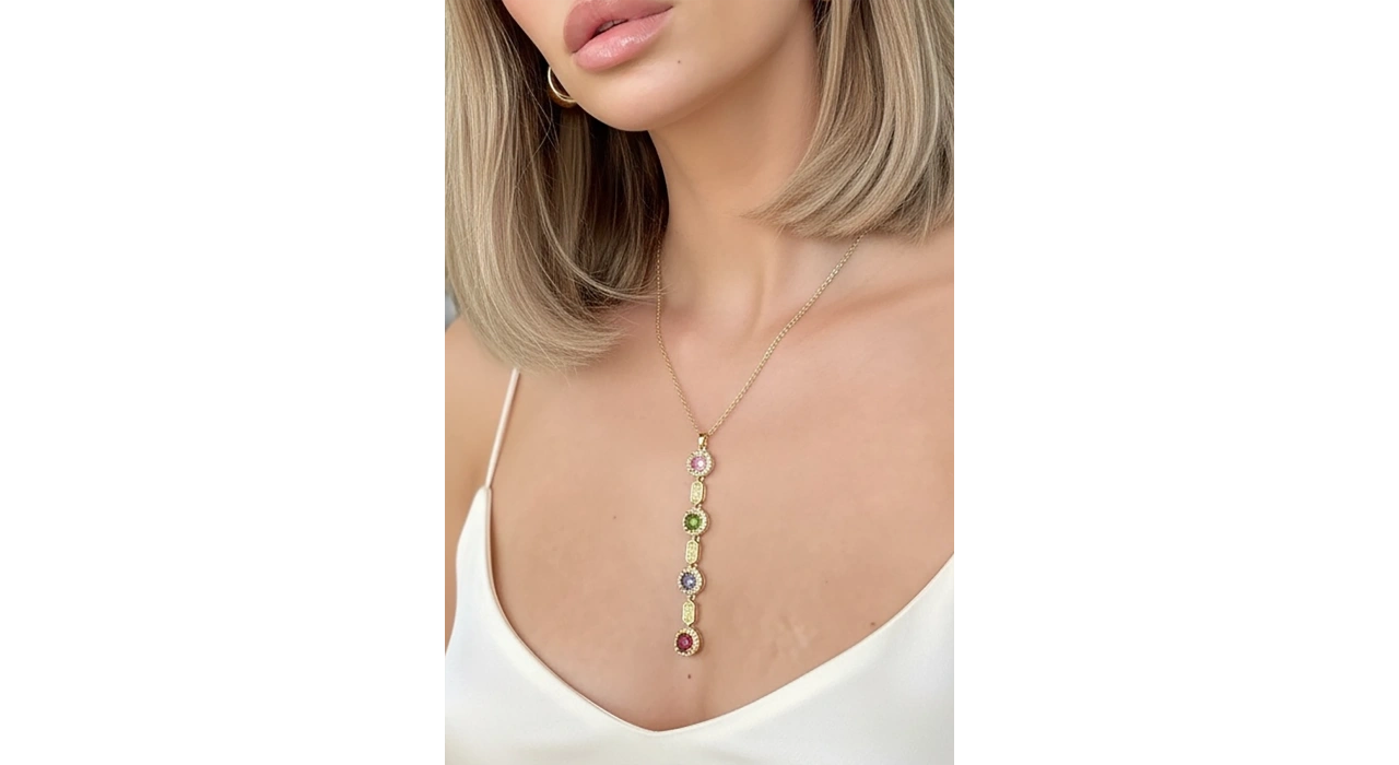 Altın Renk Taş Detaylı 14K Altın Kaplama VİP Y Kolye