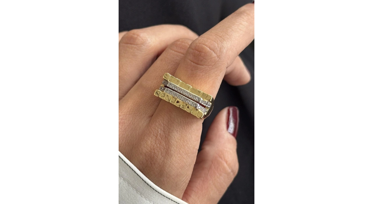 Altın Renk Taş Detaylı Ayarlanabilir Çelik Yüzük