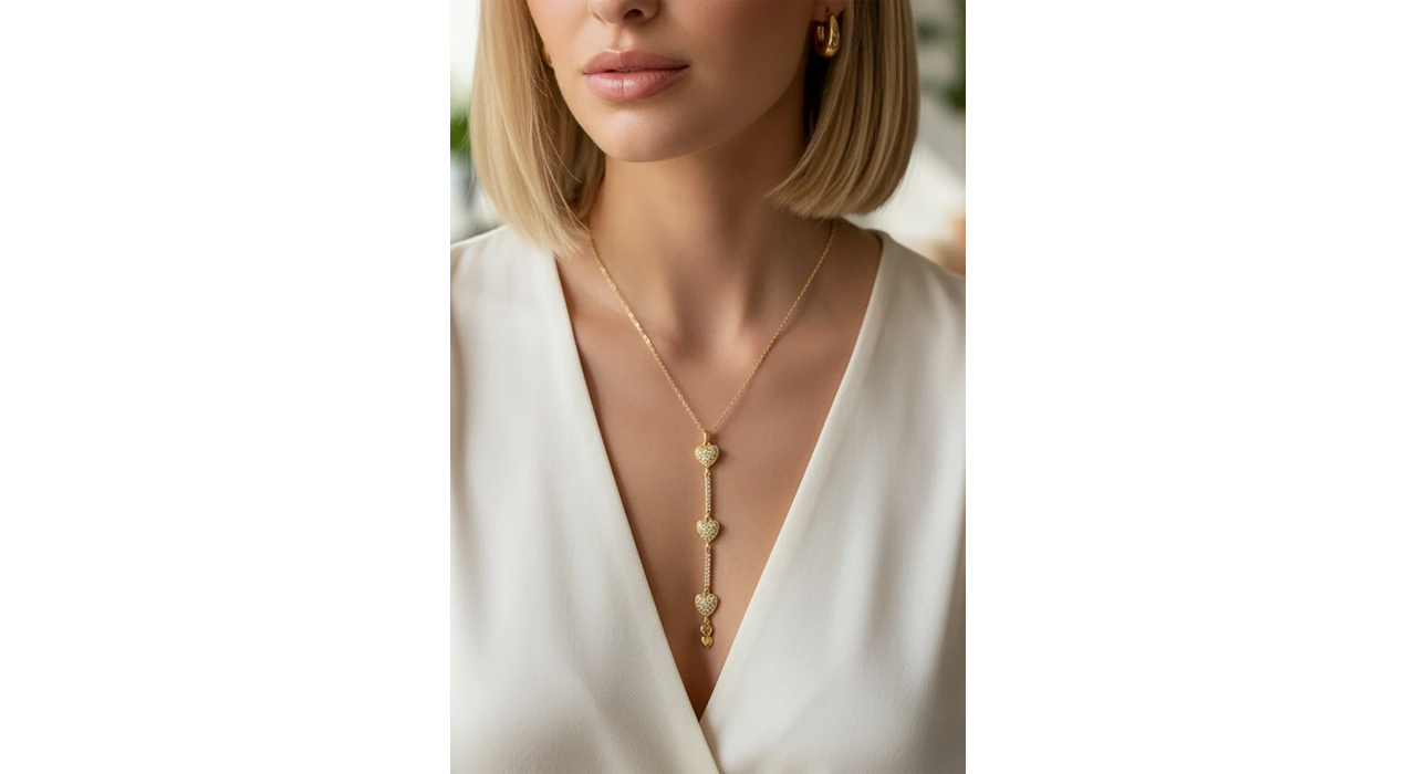 Altın Renk Taş Detaylı Kalp Figürlü 14K Altın Kaplama VİP Y Kolye