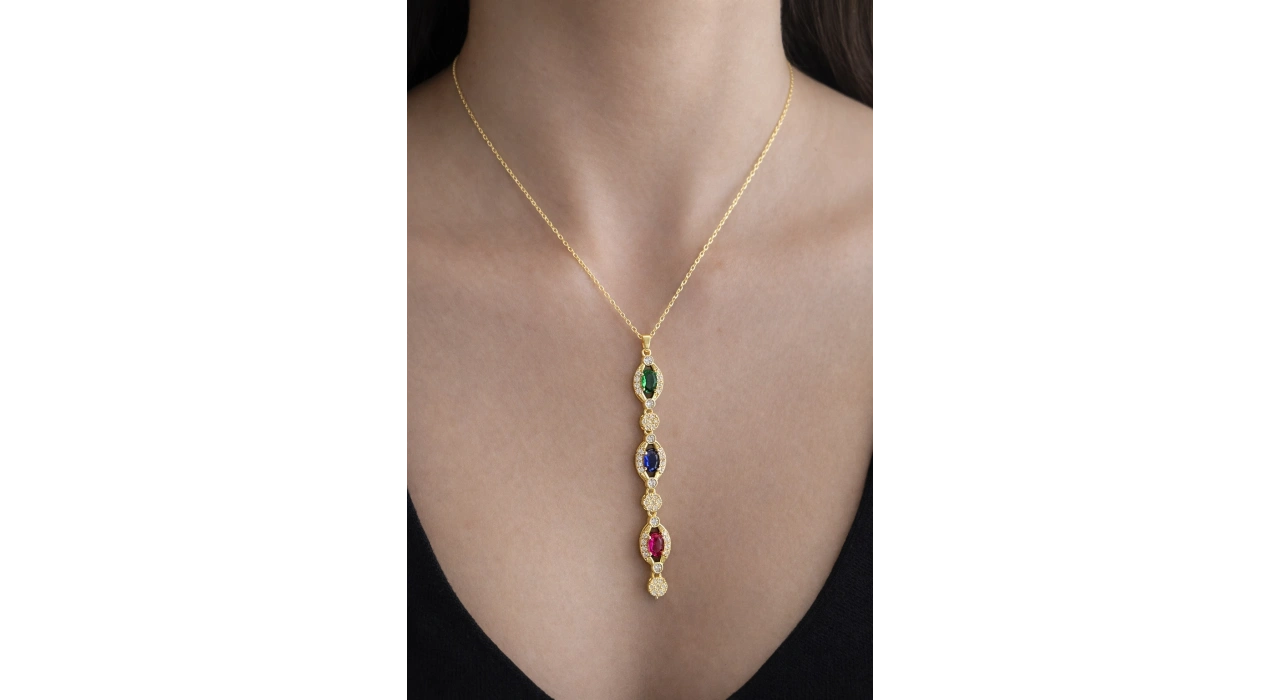 Altın Renk Taşlı 14K Altın Kaplama Y Kolye