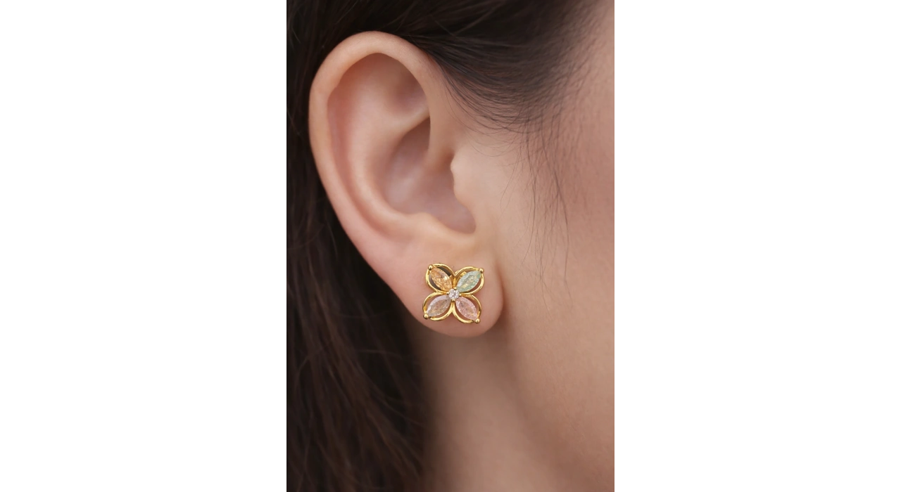 Altın Renk Taşlı Çiçek Figürlü 14K Altın Kaplama Tx  Küpe (Çift)