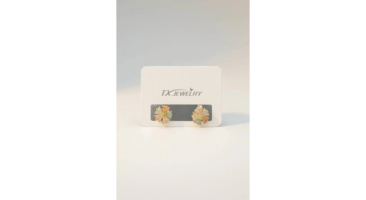 Altın Renk Taşlı Çiçek Figürlü 14K Altın Kaplama Tx  Küpe (Çift)