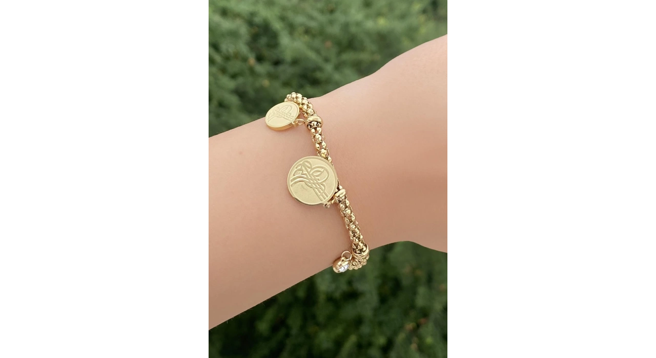 Altın Renk Tuğra Figürlü Taş Detaylı Çelik Bileklik