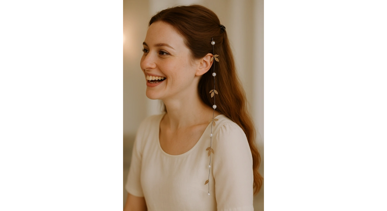 Altın Renk Yaprak Ve İnci Detaylı Çıtçıtlı Saç Aksesuarı