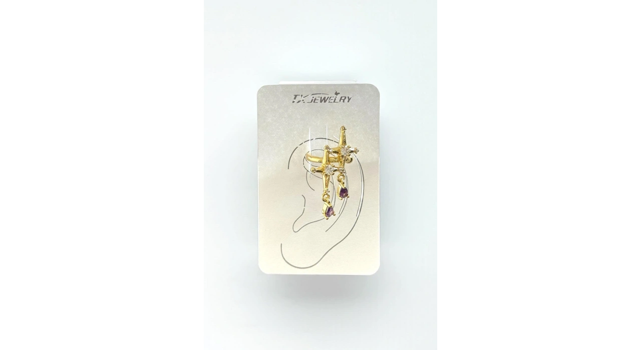 Altın Renk Yıldız Figürlü Taş Detaylı 14K Altın Kaplama TX Ear Cuff (Tek)