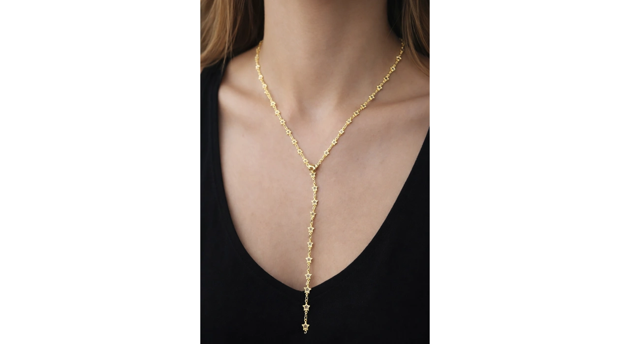 Altın Renk Yıldız Figürlü Taş Detaylı Y Kolye